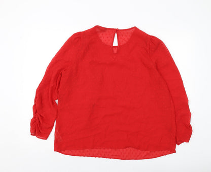 Back view of Dunnes women’s red polyester basic blouse, size L, round neck