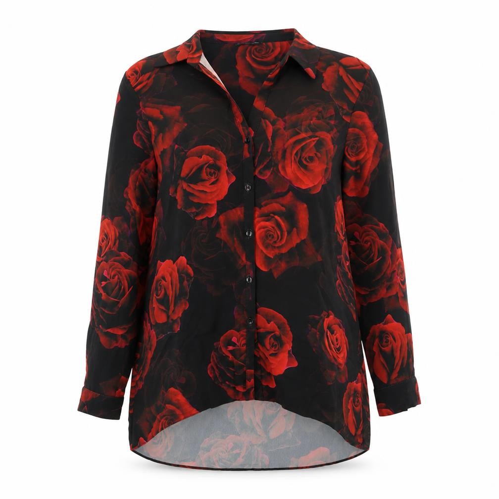 Roman Womens Black Floral Polyester Basic Blouse Size 12 Collared