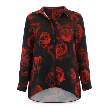 Front view of Roman women’s black floral polyester basic blouse, size UK 12, collared