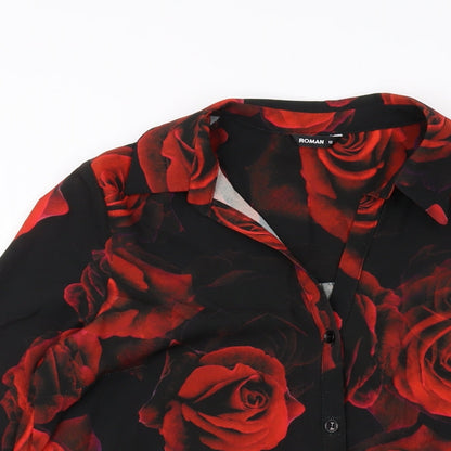 Close-up detail of Roman women’s black floral polyester basic blouse, size UK 12, collared