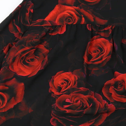 Brand and care label for Roman women’s black floral polyester basic blouse, size UK 12, collared