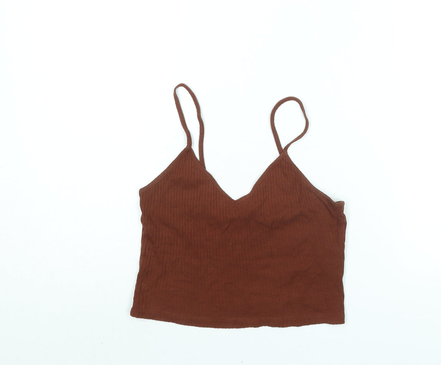 Topshop Womens Brown Cotton Cropped Tank Size 10 V-Neck - Ribbed