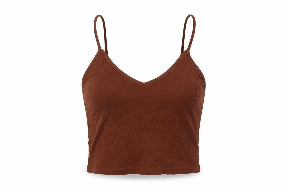 Topshop Womens Brown Cotton Cropped Tank Size 10 V-Neck - Ribbed