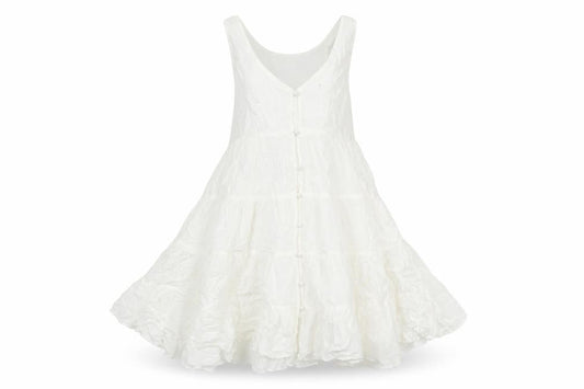 Topshop Womens White Viscose Mini Size 8 Scoop Neck Button - Smocked Flare
