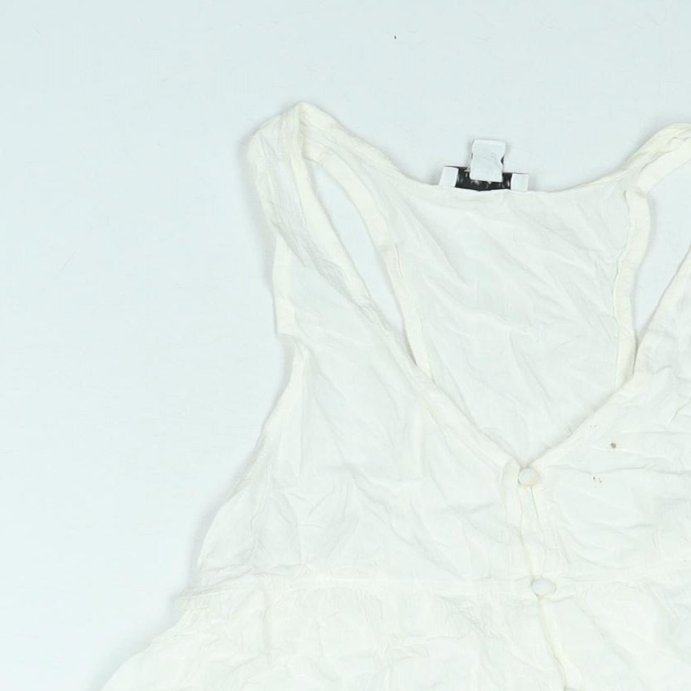 Topshop Womens White Viscose Mini Size 8 Scoop Neck Button - Smocked Flare