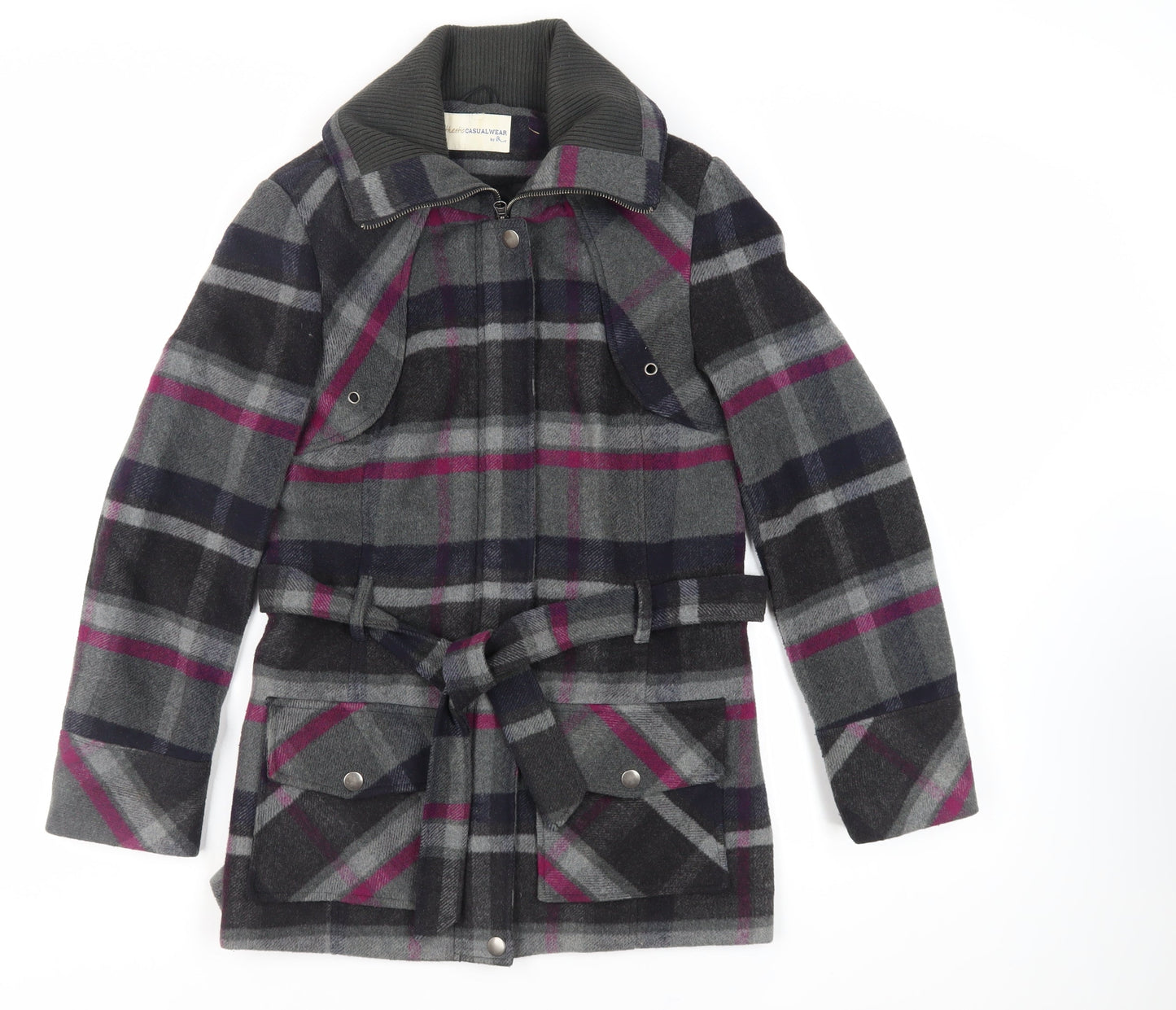 BHS Womens Grey Plaid Jacket Size 12 Zip - Belted