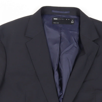 Close-up detail of ASOS men’s blue polyester jacket suit jacket, size 42, regular