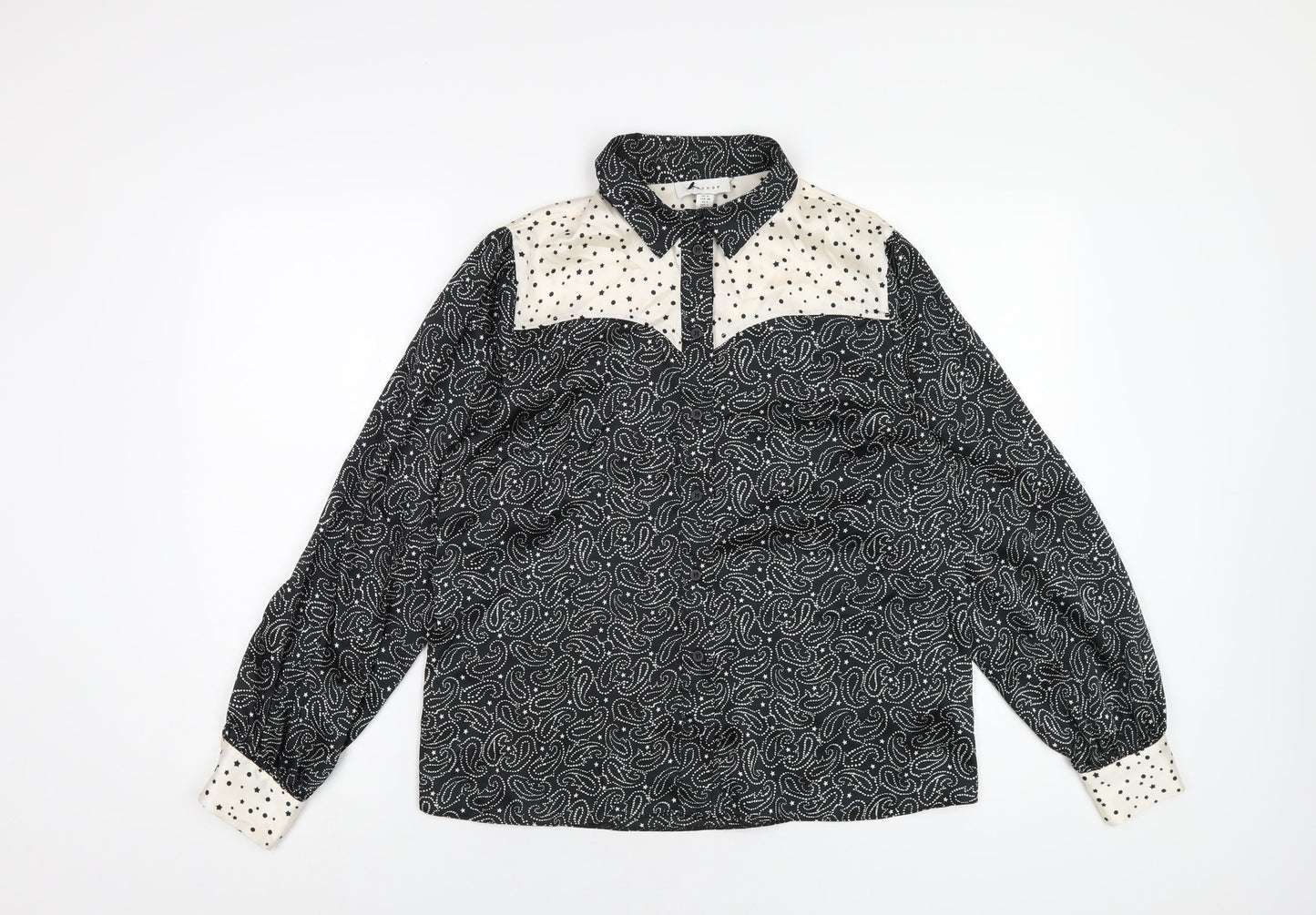 Topshop Womens Black Geometric Polyester Basic Button-Up Size 10 Collared