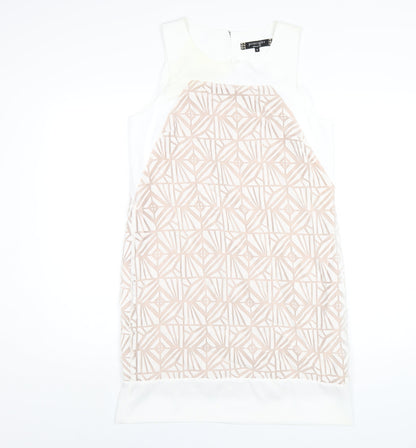 Additional front view of Principles women’s white geometric polyester a-line, size UK 12, round neck button