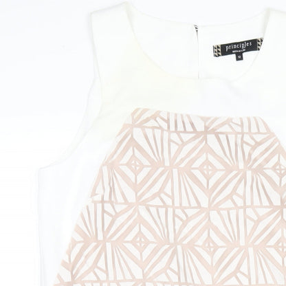 Close-up detail of Principles women’s white geometric polyester a-line, size UK 12, round neck button