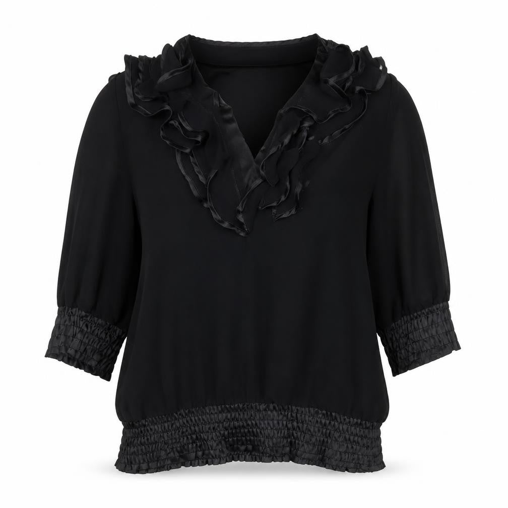 Quiz Womens Black Polyester Basic Blouse Size 8 V-Neck