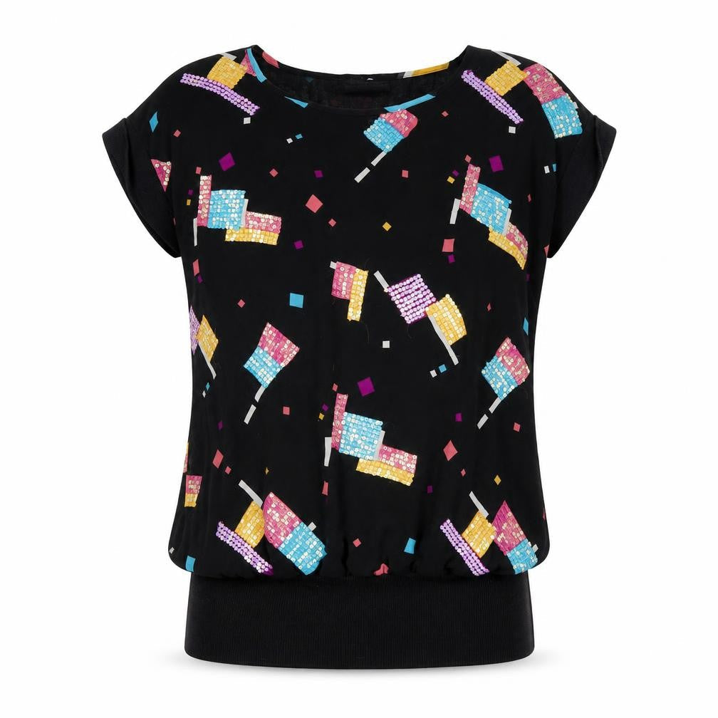 Evans Womens Black Geometric Polyester Basic T-Shirt Size 16 Round Neck