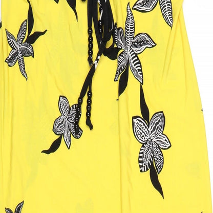Close-up detail of Kaleidoscope women’s yellow geometric polyester a-line, size UK 12, square neck pullover