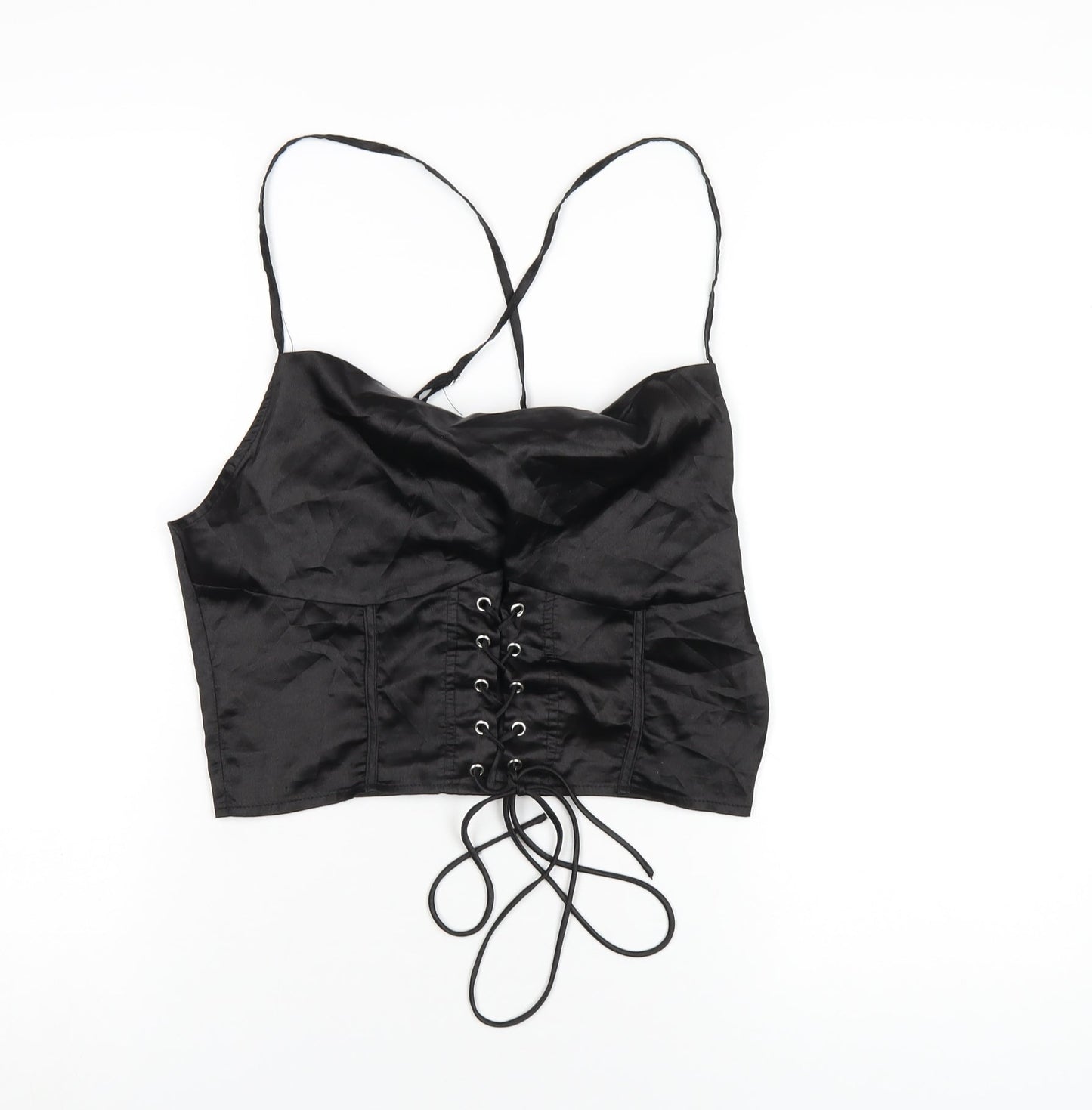 PRETTYLITTLETHING Womens Black Polyester Camisole T-Shirt Size 12 Cowl Neck