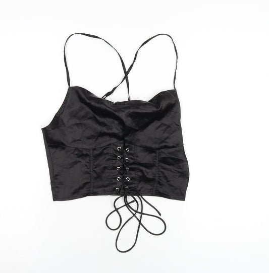 PRETTYLITTLETHING Womens Black Polyester Camisole T-Shirt Size 12 Cowl Neck