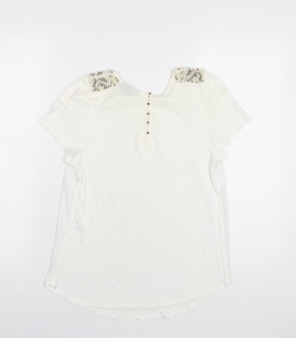 Warehouse Womens Ivory Viscose Basic T-Shirt Size 12 Round Neck