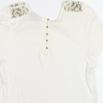 Warehouse Womens Ivory Viscose Basic T-Shirt Size 12 Round Neck