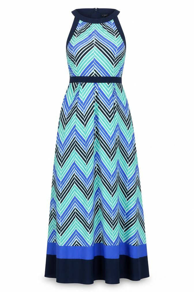 Ann Taylor Womens Multicoloured Herringbone Polyester A-Line Size 10 Round Neck Zip