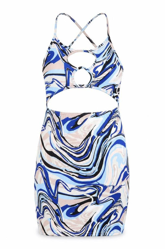 PRETTYLITTLETHING Womens Blue Geometric Polyester Bodycon Size 8 Scoop Neck Pullover
