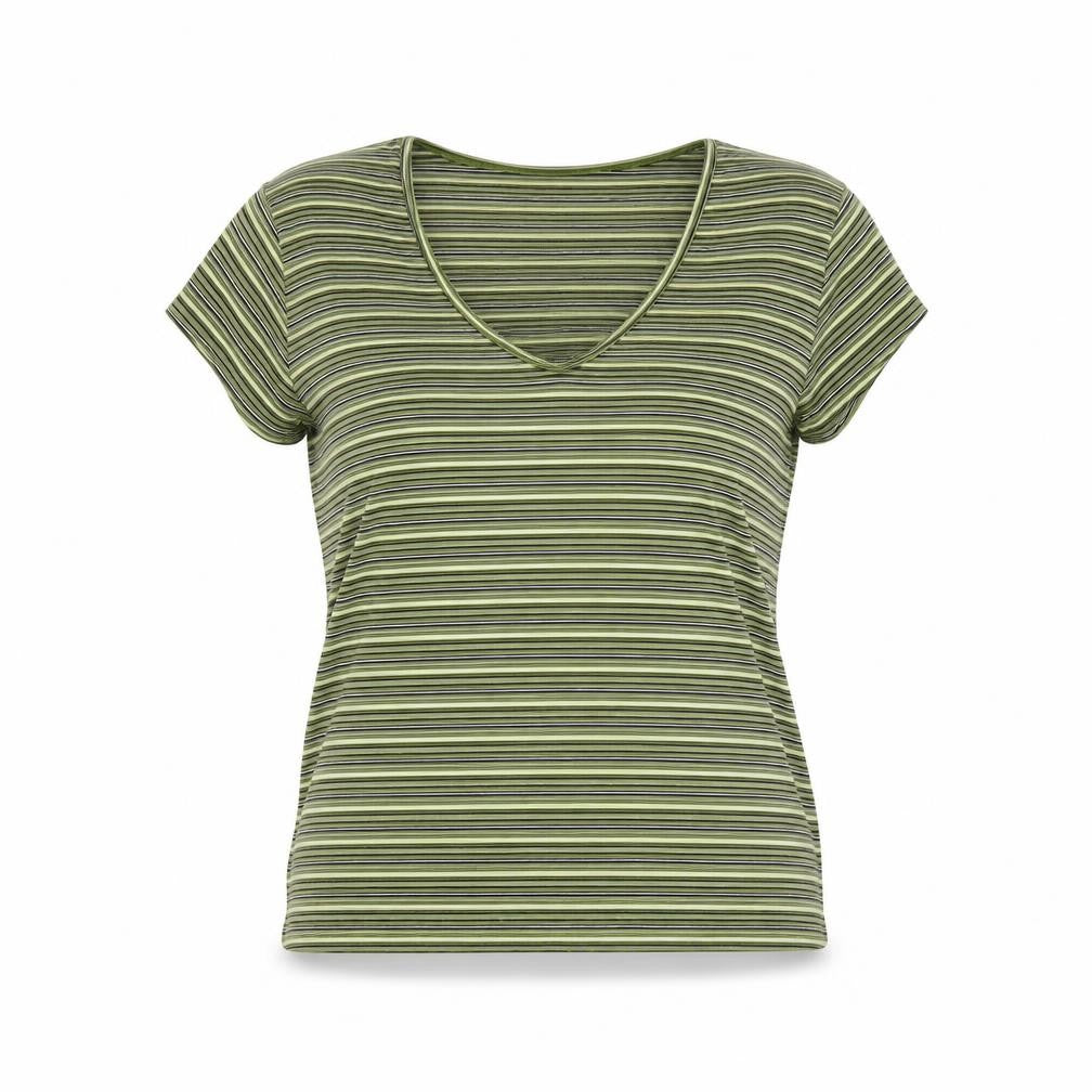 Planet Womens Green Striped Polyester Basic T-Shirt Size XL V-Neck