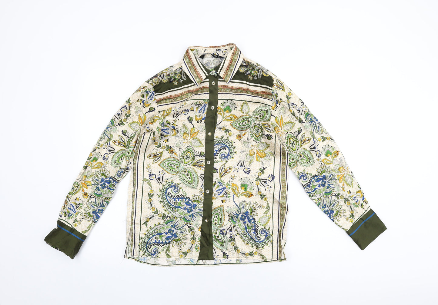 Zara Womens Ivory Floral Polyester Basic Button-Up Size XS Collared