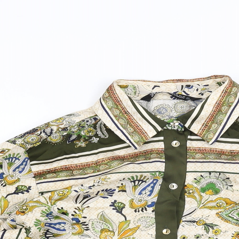 Zara Womens Ivory Floral Polyester Basic Button-Up Size XS Collared
