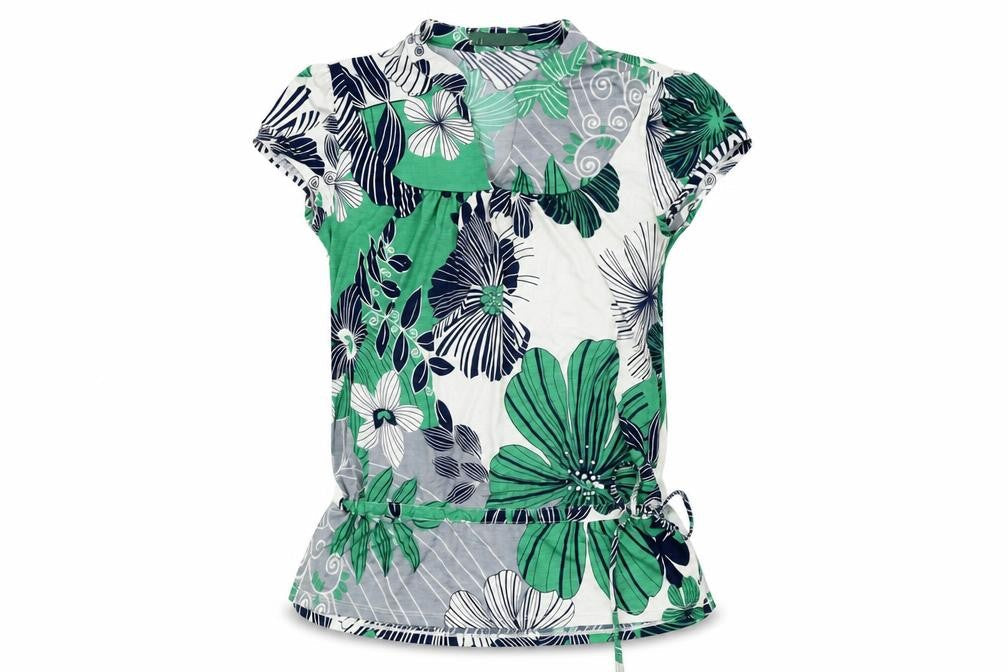 Gil Womens Grey Floral Polyester Basic T-Shirt Size S V-Neck