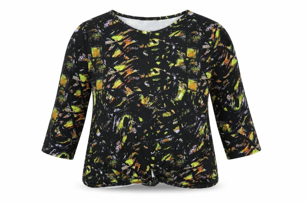 Mia Moda Womens Black Geometric Polyester Basic T-Shirt Size 14 Round Neck