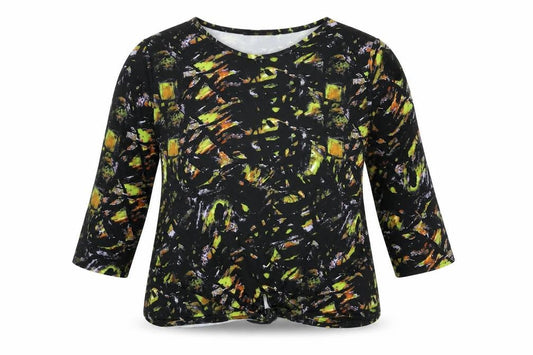 Mia Moda Womens Black Geometric Polyester Basic T-Shirt Size 14 Round Neck