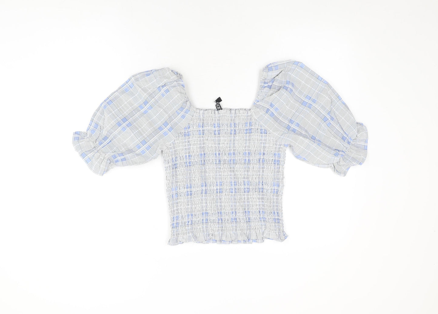Pieces Womens White Geometric Viscose Basic T-Shirt Size M Square Neck - Balloon Sleeves