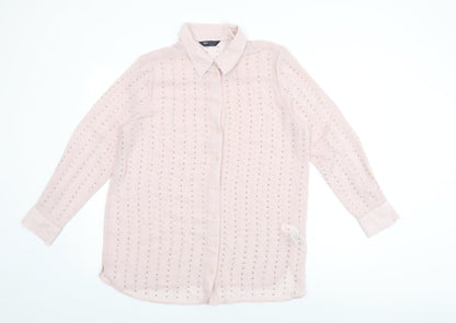 Marks & Spencer Womens Pink Geometric Polyester Basic Button-Up Size 14 Collared
