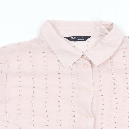 Marks & Spencer Womens Pink Geometric Polyester Basic Button-Up Size 14 Collared