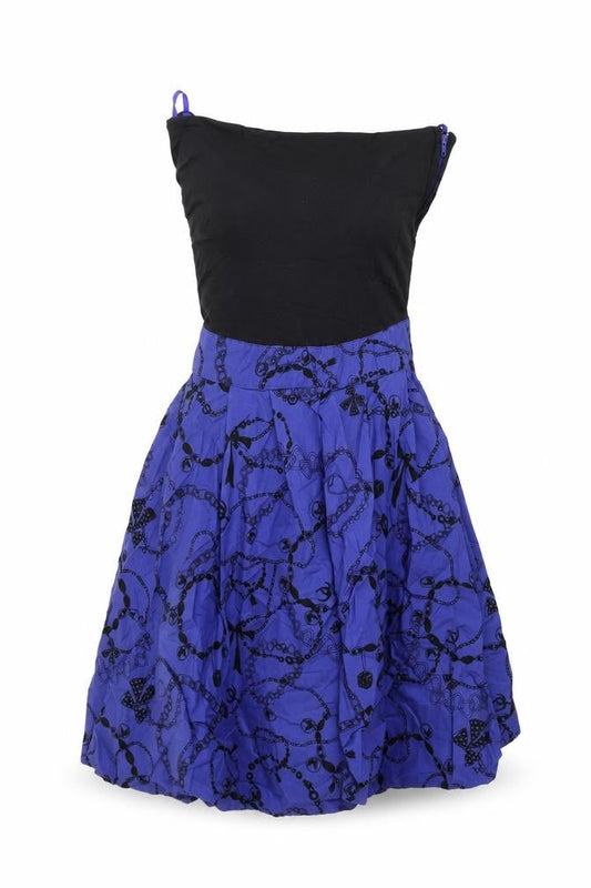 HOOCH Womens Black Geometric Cotton Skater Dress Size 8 Off the Shoulder Zip - Chain pattern