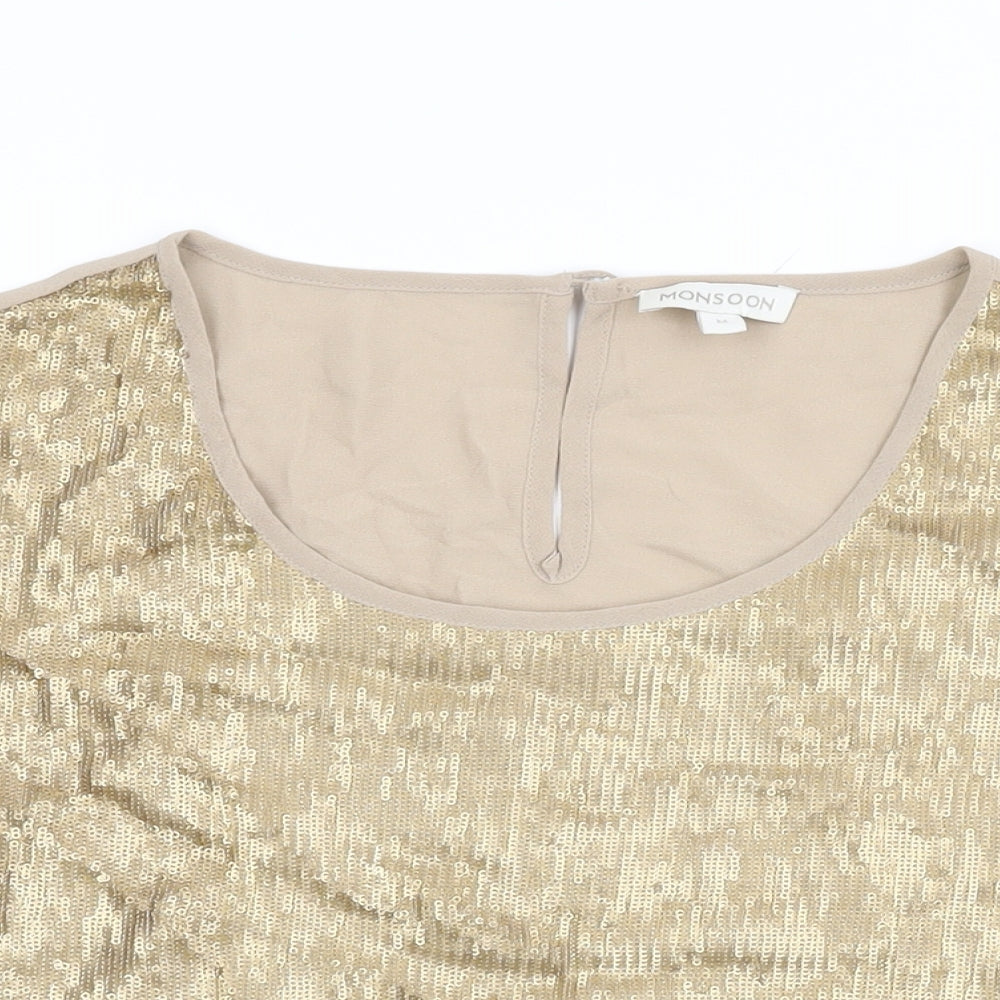 Monsoon Womens Beige Polyester Basic T-Shirt Size M Round Neck - Sequins
