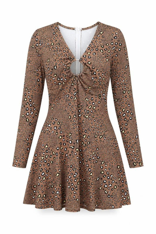 Zack Womens Brown Animal Print Polyester Skater Dress Size 10 V-Neck Zip