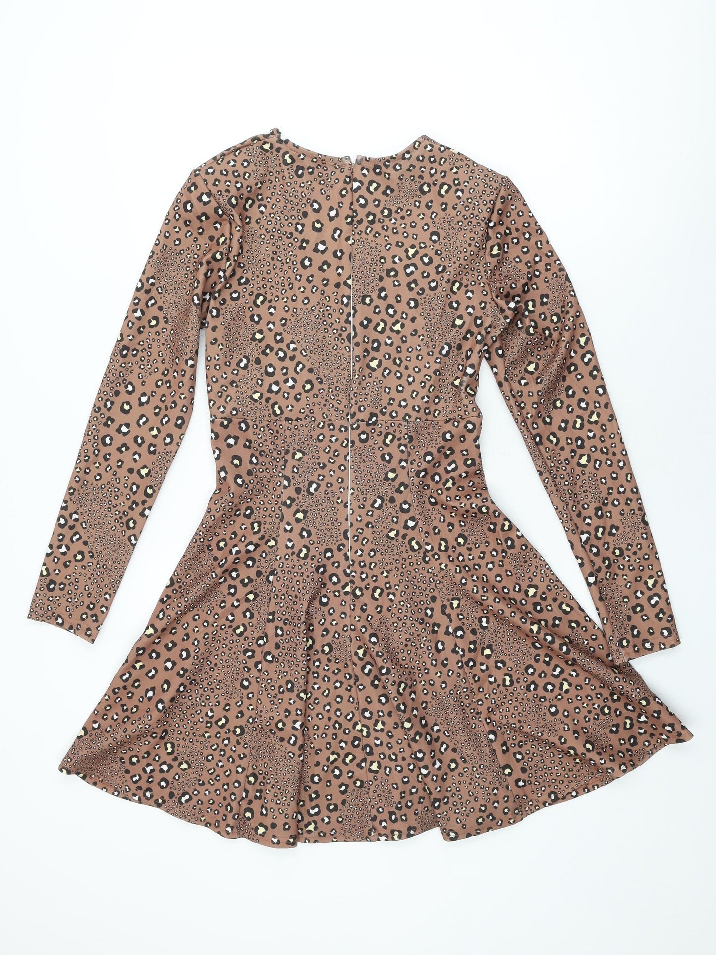 Zack Womens Brown Animal Print Polyester Skater Dress Size 10 V-Neck Zip
