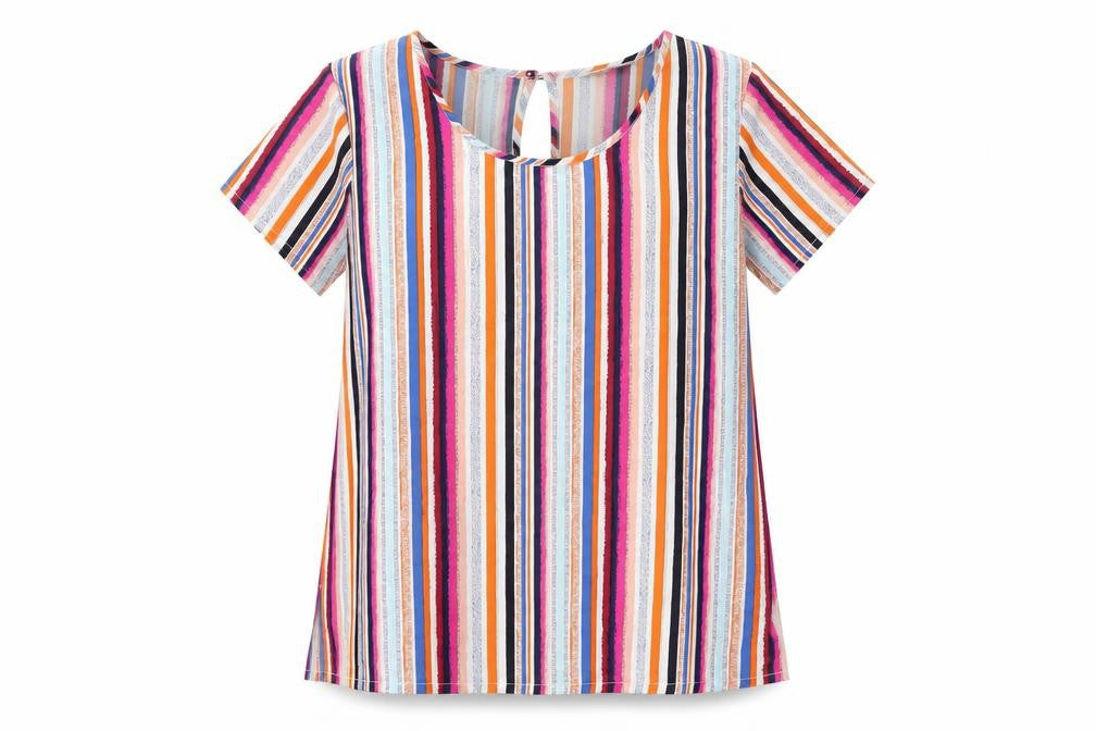 Pep & Co Womens Multicoloured Striped Polyester Basic T-Shirt Size 8 Round Neck