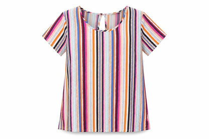 Pep&Co Womens Multicoloured Striped Polyester Basic T-Shirt Size 8 Round Neck