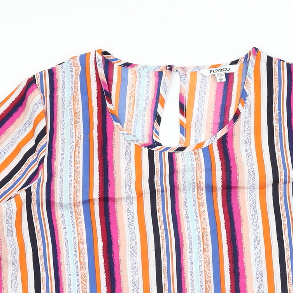 Pep & Co Womens Multicoloured Striped Polyester Basic T-Shirt Size 8 Round Neck