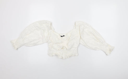 Zara Womens White Floral Cotton Cropped Blouse Size XS Sweetheart