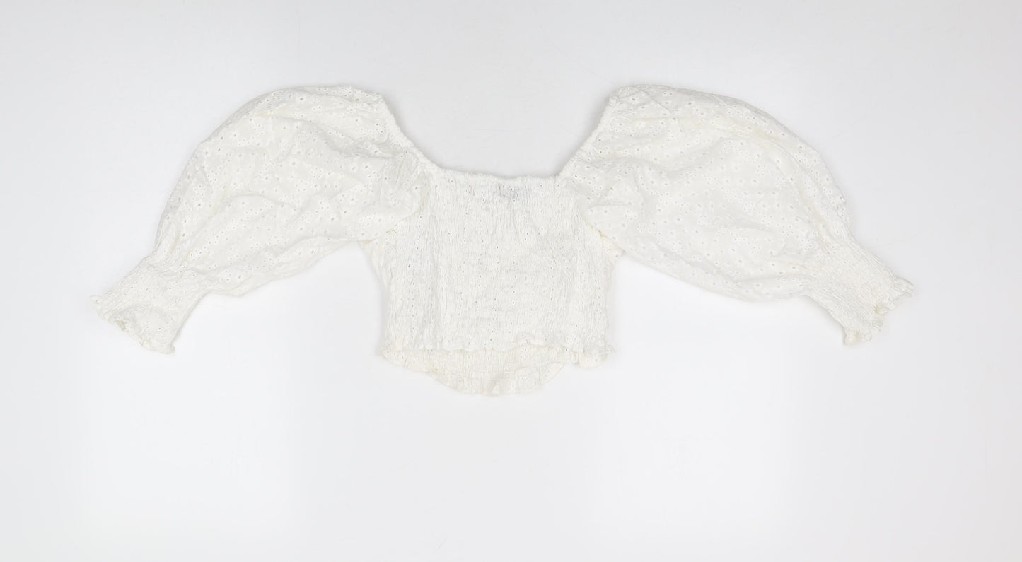 Zara Womens White Floral Cotton Cropped Blouse Size XS Sweetheart