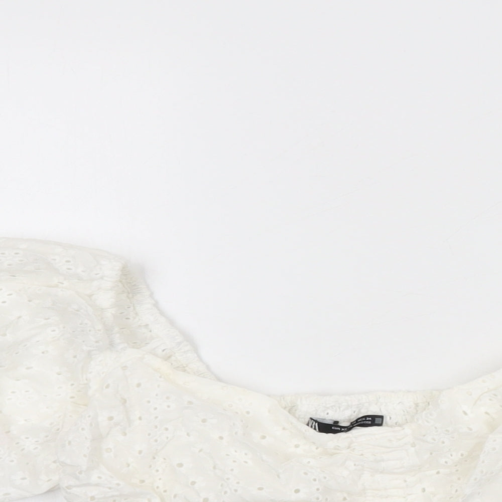 Zara Womens White Floral Cotton Cropped Blouse Size XS Sweetheart