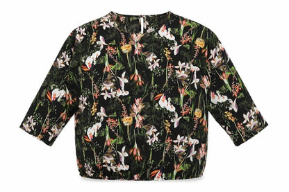 Front view of Soon women’s black floral polyester basic blouse, size UK 16, round neck
