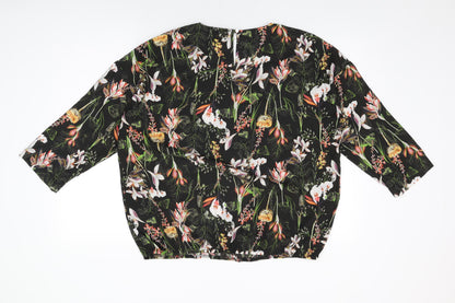Back view of Soon women’s black floral polyester basic blouse, size UK 16, round neck