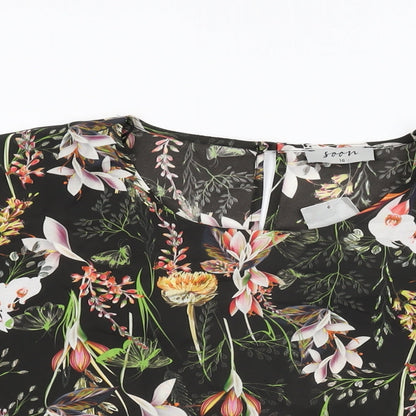 Close-up detail of Soon women’s black floral polyester basic blouse, size UK 16, round neck