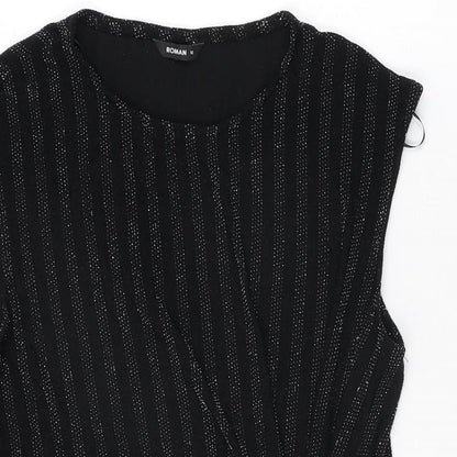 Close-up detail of Roman women’s black polyester basic t-shirt, size UK 12, round neck