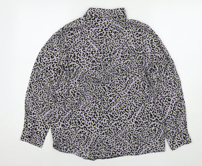 New Look Womens Purple Animal Print Polyester Basic Button-Up Size 12 Collared