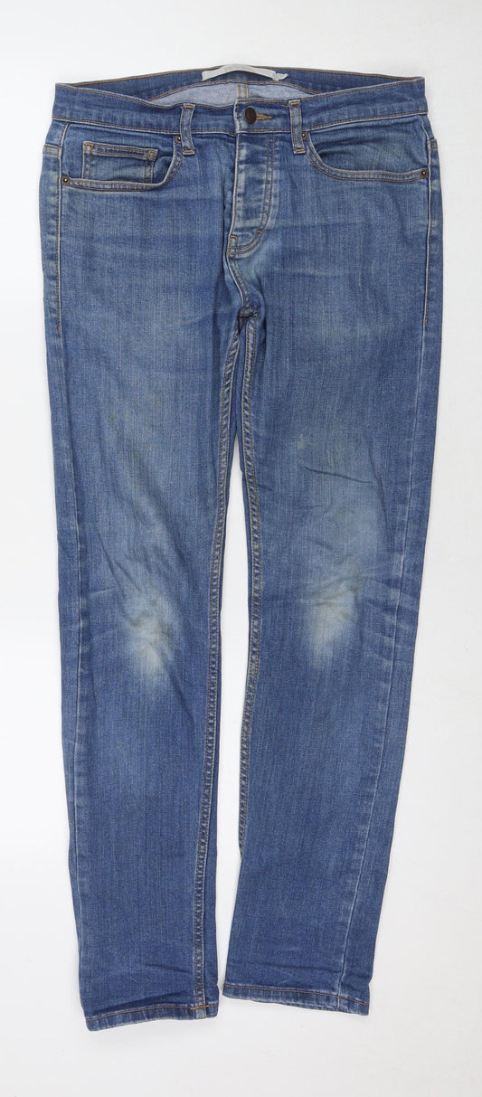 Topman Mens Blue Cotton Straight Jeans Size 30 in L30 in Regular Zip