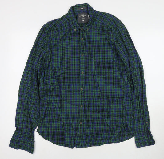 H&M Mens Green Check Cotton Button-Up Size M Collared Button