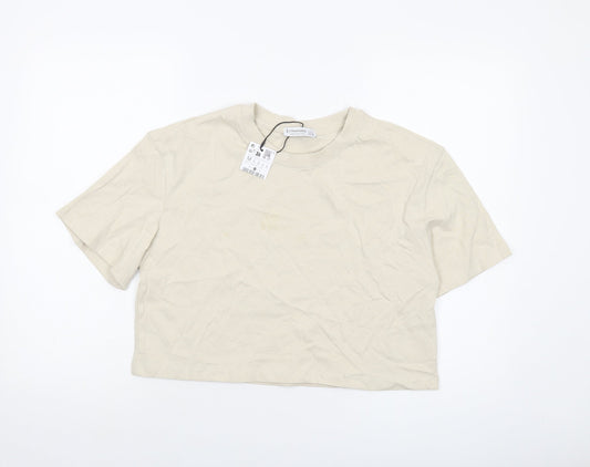 Stradivarius Womens Beige Cotton Basic T-Shirt Size M Crew Neck